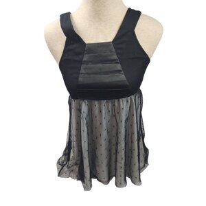 BKE Black & White Polka Dot Sheer Babydoll Top Small Pleated Bust & Back Zipper